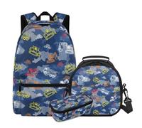 COEQINE 3 zaini per bambini per la scuola elementare, portapranzo e portapenne, per bambini dagli 8 ai 9 anni, Blue Camo Truck Cars