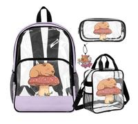 COEQINE 4 in 1 borsa trasparente per libri per ragazze con borsa per il pranzo per bambini set astuccio portamatite astuccio in pelle portachiavi libro zaino, 43,5 cm, Stelle Viola Fungo Capibara