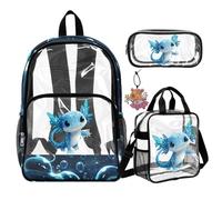 COEQINE 4 in 1 borsa trasparente per libri per ragazze con borsa per il pranzo per bambini set astuccio portamatite astuccio in pelle portachiavi libro zaino, 43,5 cm, Drago Blu Axolotl