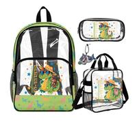 COEQINE 4 In 1 Zaino Trasparente Ragazzi Borsa Per La Scuola Trasparente Penna Bag Trasparente Libro Borsa Pranzo Scatola di Cuoio Portachiavi Back Pack, Dino Splash Verde
