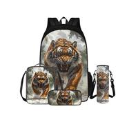 COEQINE 4 pezzi Cool Tiger Zaino per ragazzi 10-12 anni Set di borse per la scuola animale per bambini 3-4 anni Zaino con contenitore per il pranzo e portabottiglie d'acqua 6 ° grado zaino per libri