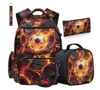 COEQINE 4 zaini per ragazzi con scatola per il pranzo 8-10 borse per la scuola con portachiavi astuccio per matite da viaggio, Calcio Cool Flame