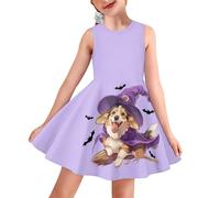COEQINE Abito estivo per ragazze, senza maniche, casual, girocollo, per la scuola, motivo leopardato, taglia 3-16T, Ciao Ween Corgi Strega, 3-4 Anni