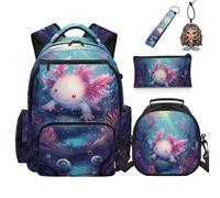 COEQINE Axolotl - Borsa per libri per bambini, con portapranzo, borsa per la scuola, per bambine dai 3 ai 5 anni, portachiavi per borsa per libri, 5 pezzi, Axolotl Farfalla Nero, M, Designer