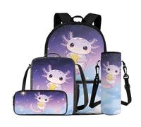 COEQINE Axolotl Zaino per ragazze con borsa per il pranzo, set da 4 pezzi, borsa per la scuola per bambini, astuccio per matite, porta bottiglia d'acqua, borsa per computer portatile, Axolotl Viola