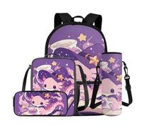 COEQINE Axolotl Zaino per ragazze con borsa per il pranzo, set da 4 pezzi, borsa per la scuola per bambini, astuccio per matite, porta bottiglia d'acqua, borsa per computer portatile, Axolotl Witch