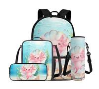 COEQINE Axolotl Zaino per ragazze con borsa per il pranzo, set da 4 pezzi, borsa per la scuola per bambini, astuccio per matite, porta bottiglia d'acqua, borsa per computer portatile, Axolotl