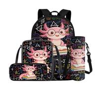 COEQINE Axolotl Zaino per ragazze con borsa per il pranzo, set da 4 pezzi, borsa per la scuola per bambini, astuccio per matite, porta bottiglia d'acqua, borsa per computer portatile, Libro di studio