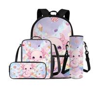 COEQINE Axolotl Zaino per ragazze con borsa per il pranzo, set da 4 pezzi, borsa per la scuola per bambini, astuccio per matite, porta bottiglia d'acqua, borsa per computer portatile, Axolotl Rainbow