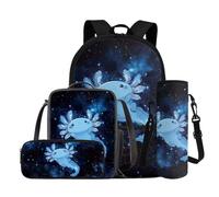 COEQINE Axolotl Zaino per ragazze con borsa per il pranzo, set da 4 pezzi, borsa per la scuola per bambini, astuccio per matite, porta bottiglia d'acqua, borsa per computer portatile, Axolotl Blue