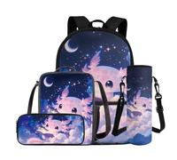 COEQINE Axolotl Zaino per ragazze con borsa per il pranzo, set da 4 pezzi, borsa per la scuola per bambini, astuccio per matite, porta bottiglia d'acqua, borsa per computer portatile, Axolotl - Libro