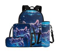 COEQINE Axolotl Zaino per ragazze con borsa per il pranzo, set da 4 pezzi, borsa per la scuola per bambini, astuccio per matite, porta bottiglia d'acqua, borsa per computer portatile, Blue Axolotl