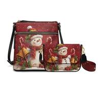 COEQINE Borsa a tracolla natalizia da donna, in pelle, da viaggio, con tracolla, set da 2 pezzi, Pupazzo di neve rosso Natale campana