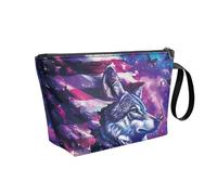 COEQINE Borsa da viaggio impermeabile per trucco da donna, in pelle, grande, con cerniera, per feste e vacanze, Bandiera americana viola con lupo e farfalla, Beauty case