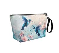 COEQINE Borsa da viaggio per il trucco piccola con motivo carino borsa da toilette in pelle piccola borsa con cerniera per le donne estate spiaggia vacanze, Estetica Colibrì Blu Rosa Floreale, Beauty