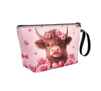 COEQINE Borsa da viaggio per il trucco piccola con motivo carino borsa da toilette in pelle piccola borsa con cerniera per le donne estate spiaggia vacanze, Highland Cow Lovely Heart, Beauty case