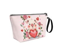 COEQINE Borsa da viaggio per il trucco piccola con motivo carino borsa da toilette in pelle piccola borsa con cerniera per le donne estate spiaggia vacanze, Pink Kawaii Pig Lovely Heart Rose Floral