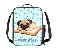 COEQINE Borsa per il pranzo con cucciolo di carlino blu per la scuola, leggera, piccola borsa per il pranzo per bambini all'asilo con tracolla borsa termica per alimenti con portabicchieri d'acqua a
