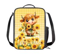 COEQINE Borsa termica per il pranzo con prato di girasole marrone mucca per ragazze isolata per bambini morbida mini borsa termica riutilizzabile per il pranzo con cinturino a prova di foglie per la