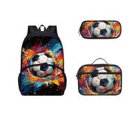 COEQINE Borse alla moda per ragazzi 6-10 età 3 pezzi borsa per libri per bambini scatola per il pranzo per adolescenti astuccio termico grande palla di fuoco 3D, Pallone da calcio ad acquerello