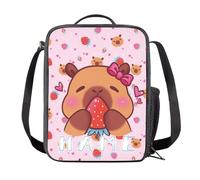COEQINE Capybara - Contenitore per il pranzo per ragazze 4-6-8-10-12-14 con tracolla isolata, per bambini, grado 1-6, a prova di perdite, rosa fragola, tema floreale, per lavoro, scuola, picnic, 22,9