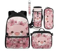 COEQINE Confezione da 4 pezzi con portapranzo staccabile, per ragazze, borsa per libri di scuola media, portachiavi, astuccio fino alla prima elementare, Axolotl Fiori Di Ciliegio Rosa Fl