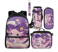 COEQINE Confezione da 4 pezzi con portapranzo staccabile, per ragazze, borsa per libri di scuola media, portachiavi, astuccio fino alla prima elementare, Galassia Viola Strega Axolotl