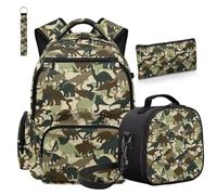 COEQINE Confezione da 4 zaini per la scuola con portapranzo per bambini, con astuccio per matite e portachiavi, per la scuola media, Camo Dino Verde