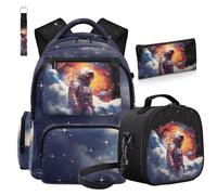 COEQINE Confezione da 4 zaini per la scuola con portapranzo per bambini, con astuccio per matite e portachiavi, per la scuola media, Pianeta Astronauta
