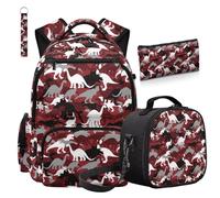COEQINE Confezione da 4 zaini per la scuola con portapranzo per bambini, con astuccio per matite e portachiavi, per la scuola media, Camo Dino Rosso