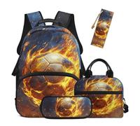 COEQINE Cool School Book Bag per Ragazze Ragazzi 6 8 10 con Lunch Box Set 4 Pezzi Grande Capacità Bookbag Zaini Casual Daypack, Fuoco Calcio