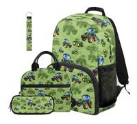 COEQINE Fantastico zaino per la scuola per ragazzi 8-10 10-12 14-16, borsa per la scuola per bambini con borsa per il pranzo astuccio portachiavi zaino da scuola set di 4, Auto Trattore Verde