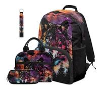 COEQINE Fantastico zaino per la scuola per ragazzi 8-10 10-12 14-16, borsa per la scuola per bambini con borsa per il pranzo astuccio portachiavi zaino da scuola set di 4, Lupo grigio galas