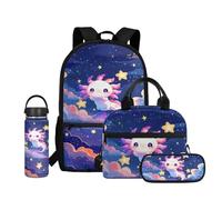 COEQINE Galaxy Axolotl Zaino per ragazze e bambini, con portapranzo, bottiglia d'acqua e grazioso astuccio, 4 pezzi, con tasca frontale, 43,2 cm, per ragazze elementari, regalo per il rientro a scuola