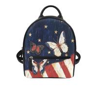COEQINE Mini zaino da donna, 22,9 cm, in pelle PU, piccolo zaino con manico superiore e tasca frontale con cerniera, resistente all'acqua, con bandiera americana, farfalla, blu navy, rosso, per tutti