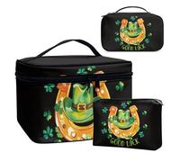 COEQINE Organizzatore di trucco 3 Pezzi Cosmetici Storage Toiletry Caso di San Pat Carnevale Rainbow Coin Caso Impermeabile In Pelle Borsa Contanti, Cappello per il giorno di San Patrizio Zoccolo