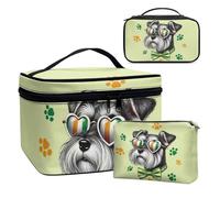 COEQINE Organizzatore di trucco 3 Pezzi Cosmetici Storage Toiletry Caso di San Pat Carnevale Rainbow Coin Caso Impermeabile In Pelle Borsa Contanti, Cani carini per il giorno di San Paddy, Beauty case