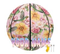 COEQINE Pallone da basket da donna e uomo, taglia 7, per interni/esterni, giallo floreale rosa, colibrì, con borsa per corsi, zaino per viaggi, allenamento, giornata di gioco