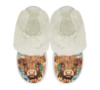 COEQINE Pantofole da donna in memory foam con stampa di maiale kawaii rosa scarpe da casa antiscivolo per camera da letto, Stampa floreale hippie Highland Cow, 39/40 EU