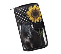 COEQINE Portafoglio a forma di animale, borsa lunga in pelle con motivo di pollo, borsa con cerniera per monete, borsa da viaggio per feste, Bandiera Girasole Cavallo Nero, Americano