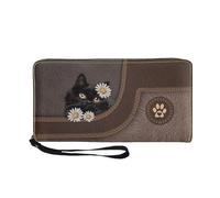 COEQINE Portafoglio in pelle personalizzato personalizzato per design con nome, portafogli animali per il sacchetto marrone della chiusura lampo del cellulare delle signore, Gatto nero con nome