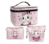 COEQINE Set di 3 beauty case da viaggio da donna, grande capacità, portatile, grande, in pelle, essenziale da viaggio, Coniglio rosa nelle uova di Pasqua, Beauty case