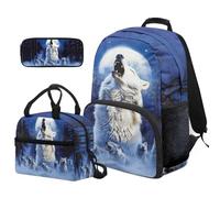 COEQINE Set di 3 contenitori per libri e pranzo per ragazzi, zaino leggero e fresco per bambini di grandi dimensioni, per bambini dai 4 ai 6 anni, Lupo blu sotto la luna