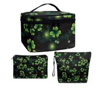 COEQINE Set di 3 trousse per il trucco da donna, da viaggio, grande, da donna, essenziale, impermeabile, con cerniera, Foglie nere verdi di San Patrizio, Beauty case