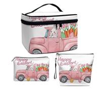 COEQINE Set di 3 trousse per il trucco da donna, da viaggio, grande, da donna, essenziale, impermeabile, con cerniera, Coniglio pasquale rosa camion Lily floreale, Beauty case