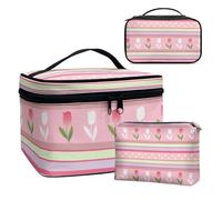 COEQINE Set di 3 trousse per il trucco da donna, set di articoli da toeletta da viaggio a doppio strato con mini borsa in pelle impermeabile, Giglio rosa floreale, Beauty case