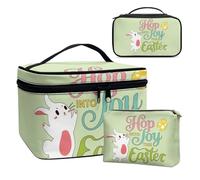 COEQINE Set di 3 trousse per il trucco da donna, set di articoli da toeletta da viaggio a doppio strato con mini borsa in pelle impermeabile, Happy Rabbit Verde, Beauty case