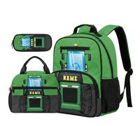 COEQINE Set di 3 zaini blu per bambini con portapranzo, borsa leggera per libri, grande astuccio per il rientro a scuola, Nome verde trattore auto