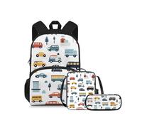 COEQINE Set di 3 zaini elementari per la scuola per bambini dai 4 ai 6 ai 8 ai 10 anni, per scuola materna e pranzo, Auto dei cartoni animati