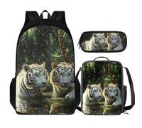 COEQINE Set di 3 zaini per bambini e ragazzi, set di 3 grandi scatole per matite e borse scolastiche per bambini 4, 6, 8, 10, Tigre bianca